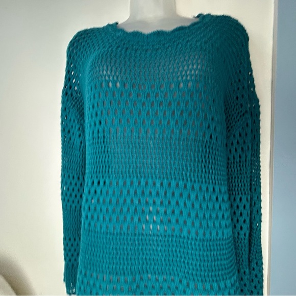 Teal Crochet Lace Open Weave Tunic Beach Festive Swim‎ Cover Up Large - Picture 3 of 15
